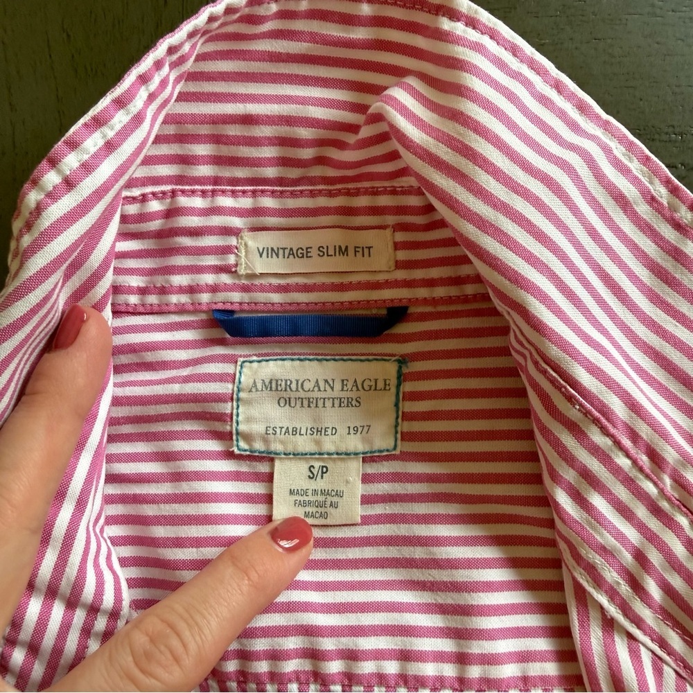 VTG American Eagle Y2K Preppy Pink Striped Button Down Shirt Old Money - Picture 4 of 9